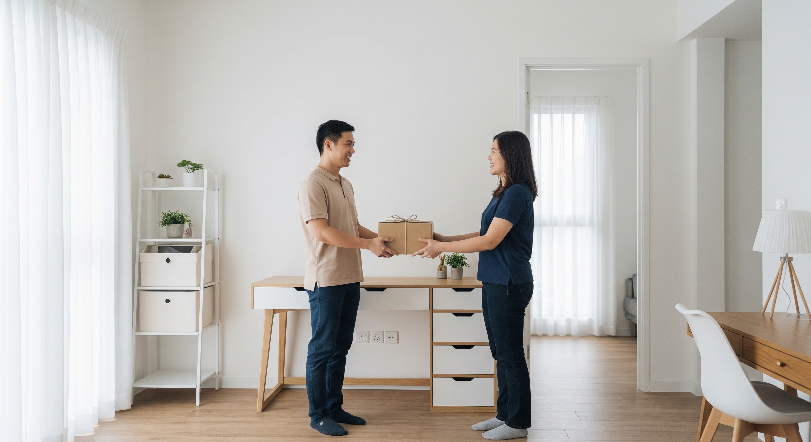 Two people exchanging a SpaceBar package in a bright, modern home office setting